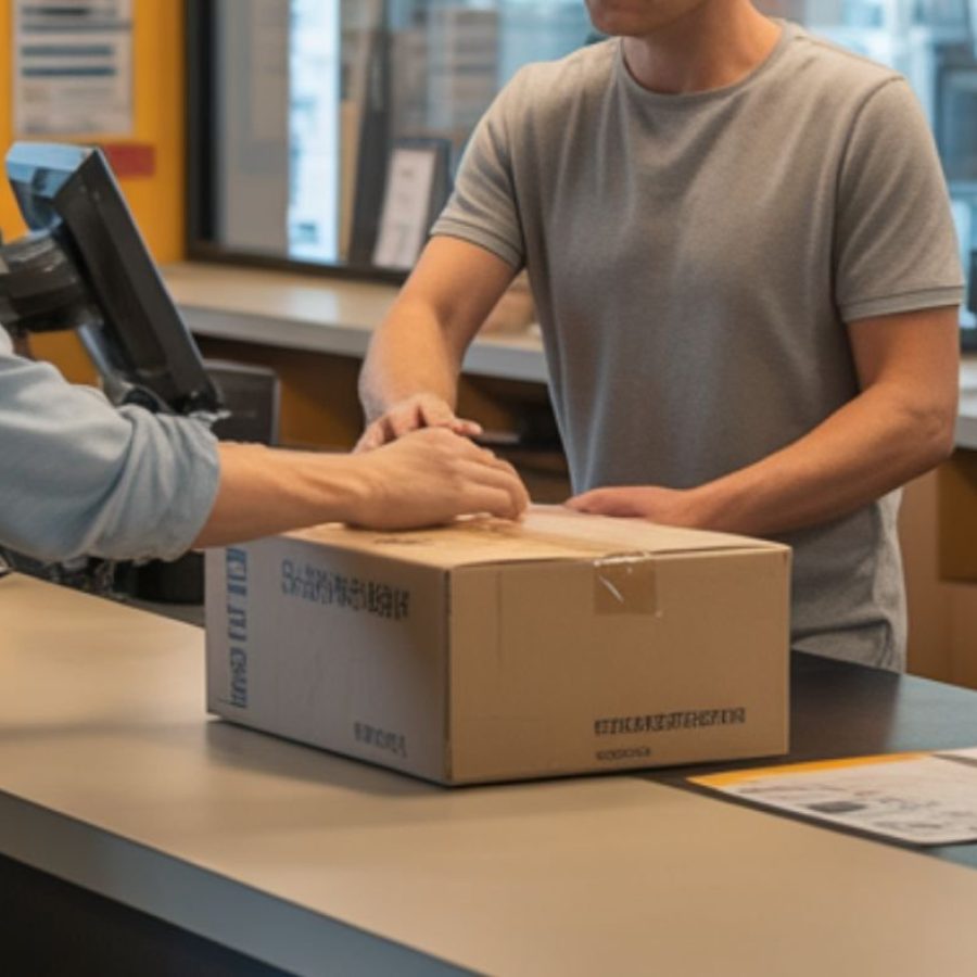 Cliente entregando un paquete en Estanco Millán en Almonte. Imagen que refleja los servicios de paquetería disponibles, atención cercana y facilidad para enviar y recibir paquetes con seguridad.